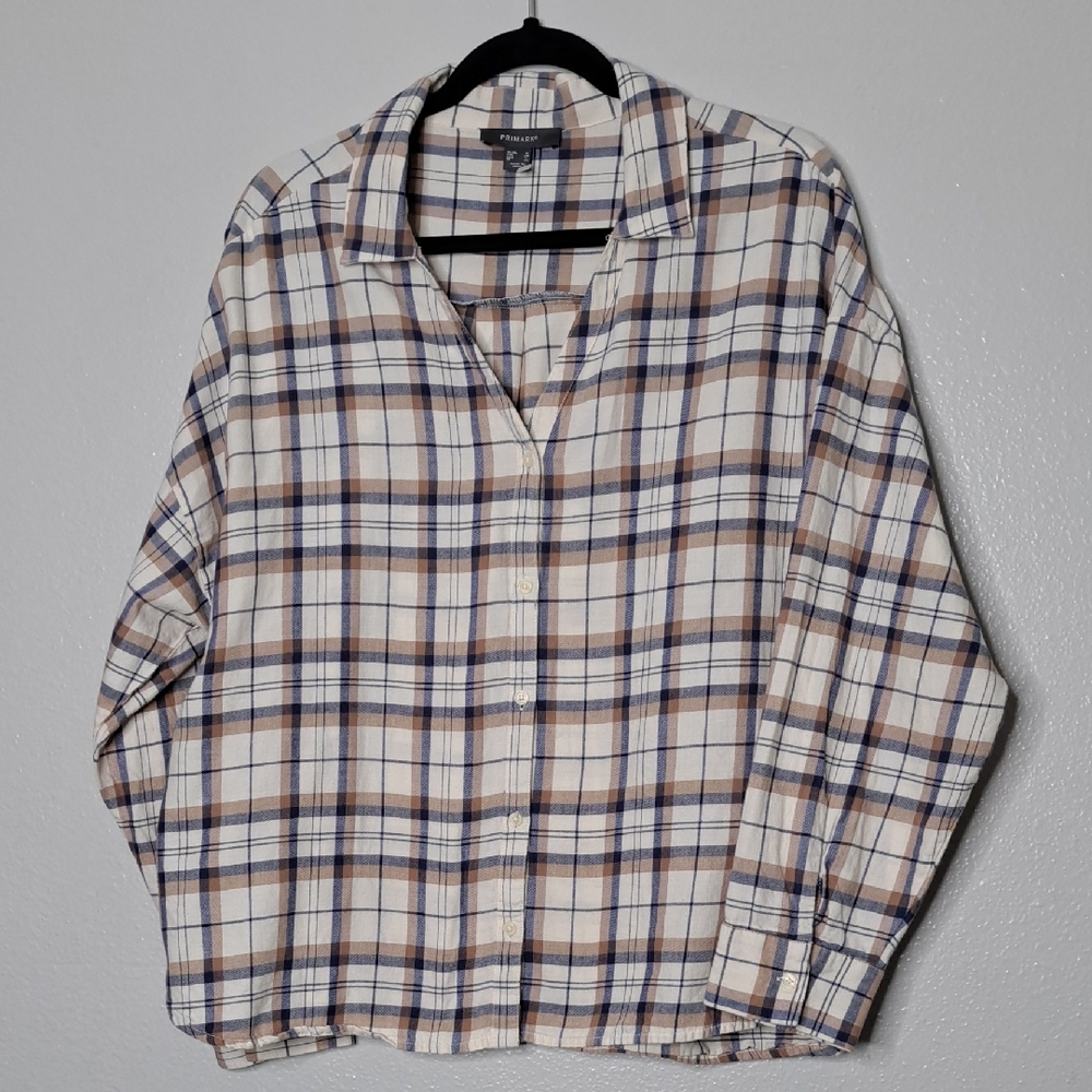 Primark Womens Long Sleeve Button Shirt Browm Cream Plaid Western Cowgirl 12
